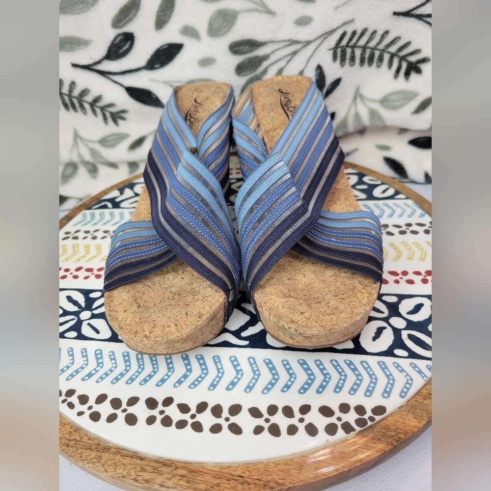 Lucky Brand Wedge Shoes Slides size 8 Blue Shades Cross Straps‎ Cork Heel